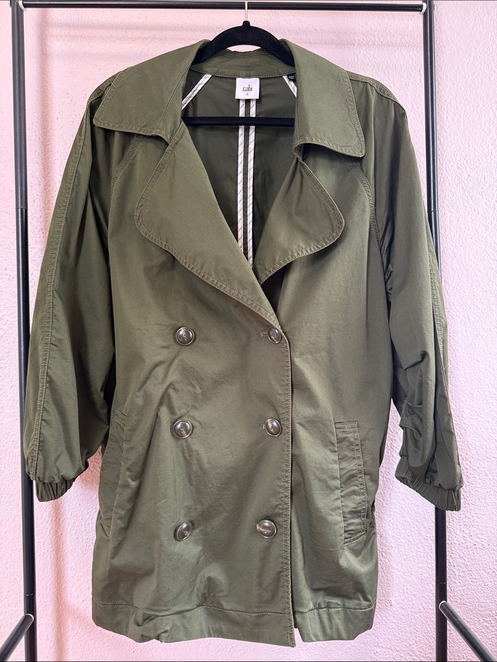 CAbi Olive Green Double-Breasted Trench Coat with Elastic Cuffs